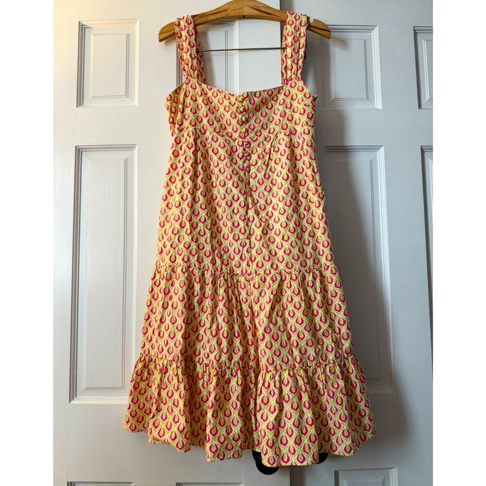 Lilly Pulitzer Lynessa Sun Dress Size 6 Pink Green Geometric Linen Cotton Tiered